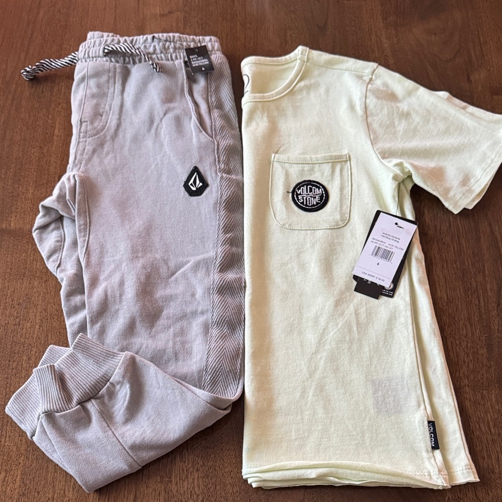 Volcom Kids Pale Yellow Pocket Tee and Light Gray Joggers